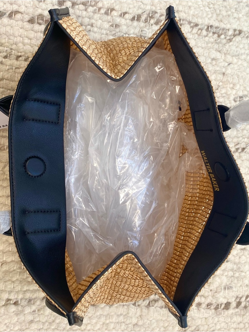 Walter Baker NWT Delaney Woven Raffia Tote Black Vegan Leather - Picture 6 of 9